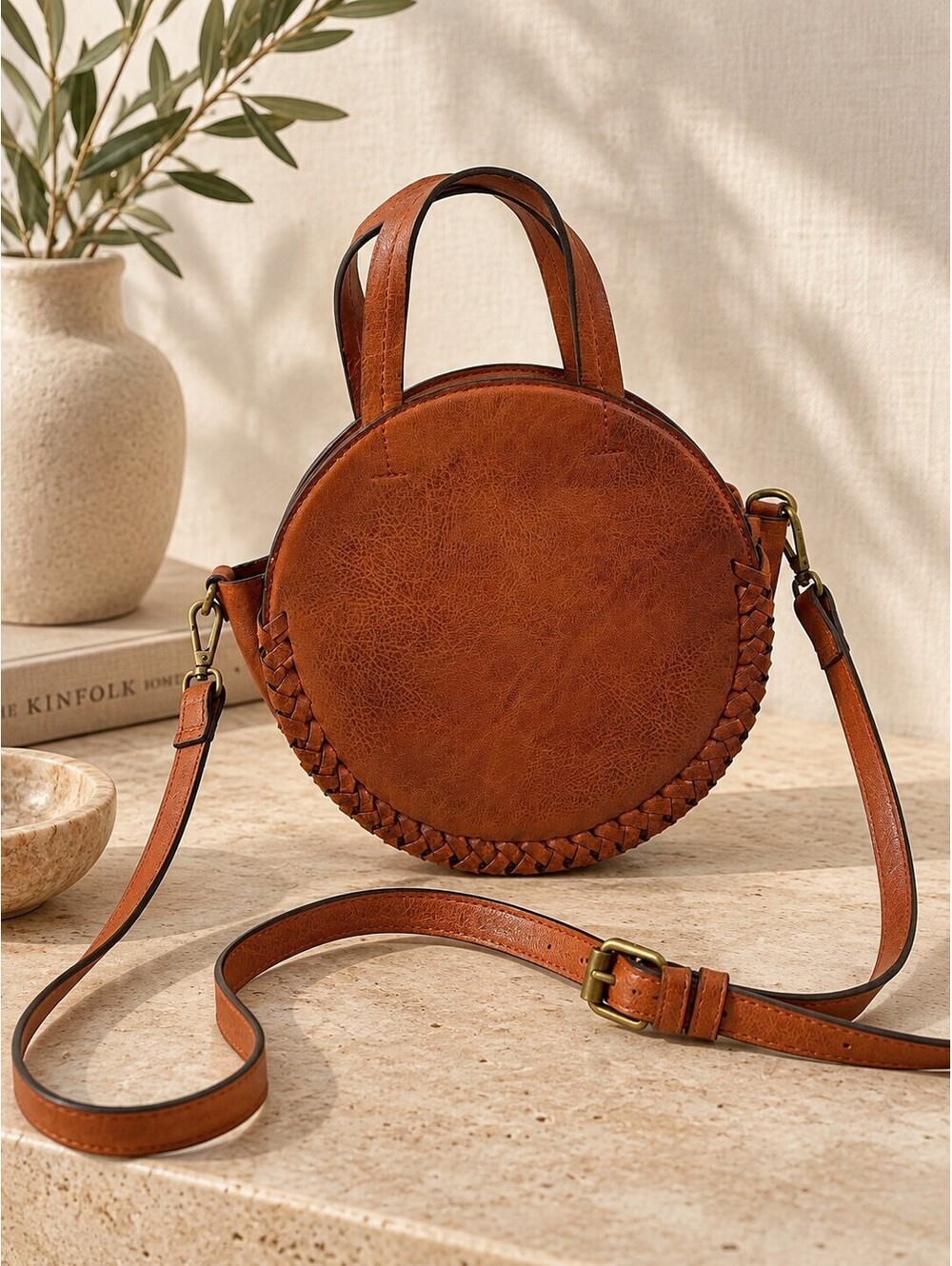Free People Cognac Brown Vegan Leather Round Braided Circle Crossbody Bag EUC